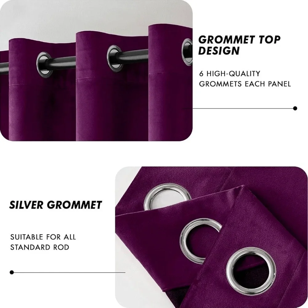 Purple Velvet Blackout Curtains 108 Inch Long 2 Panels Grommet Thermal Insulated